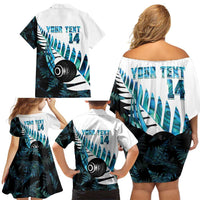 New Zealand Lawn Bowls Custom Family Matching Off Shoulder Short Dress and Hawaiian Shirt Aotearoa Silver Fern Paua Shell - Polynesian Pride