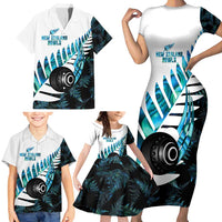 New Zealand Lawn Bowls Custom Family Matching Short Sleeve Bodycon Dress and Hawaiian Shirt Aotearoa Silver Fern Paua Shell - Polynesian Pride