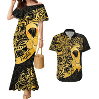 Polynesia Bone Cancer Awareness Couples Matching Mermaid Dress and Hawaiian Shirt Fight Warriors LT14 Black - Polynesian Pride