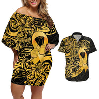 Polynesia Bone Cancer Awareness Couples Matching Off Shoulder Short Dress and Hawaiian Shirt Fight Warriors LT14 Black - Polynesian Pride