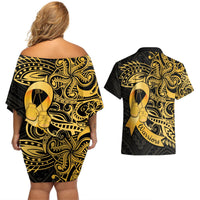 Polynesia Bone Cancer Awareness Couples Matching Off Shoulder Short Dress and Hawaiian Shirt Fight Warriors LT14 - Polynesian Pride