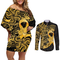 Polynesia Bone Cancer Awareness Couples Matching Off Shoulder Short Dress and Long Sleeve Button Shirt Fight Warriors LT14 Black - Polynesian Pride