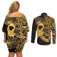 Polynesia Bone Cancer Awareness Couples Matching Off Shoulder Short Dress and Long Sleeve Button Shirt Fight Warriors LT14 - Polynesian Pride