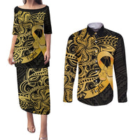 Polynesia Bone Cancer Awareness Couples Matching Puletasi and Long Sleeve Button Shirt Fight Warriors LT14 Black - Polynesian Pride