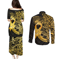 Polynesia Bone Cancer Awareness Couples Matching Puletasi and Long Sleeve Button Shirt Fight Warriors LT14 - Polynesian Pride