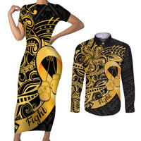 Polynesia Bone Cancer Awareness Couples Matching Short Sleeve Bodycon Dress and Long Sleeve Button Shirt Fight Warriors LT14 Black - Polynesian Pride