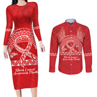 Personalised In September We Wear Red Couples Matching Long Sleeve Bodycon Dress and Long Sleeve Button Shirt Polynesia Blood Cancer Awareness