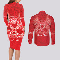 Personalised In September We Wear Red Couples Matching Long Sleeve Bodycon Dress and Long Sleeve Button Shirt Polynesia Blood Cancer Awareness