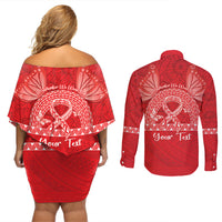 Personalised In September We Wear Red Couples Matching Off Shoulder Short Dress and Long Sleeve Button Shirt Polynesia Blood Cancer Awareness