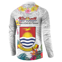 Kiribati Independence Day Button Sweatshirt Frigatebird Mix Tropical Flowers - White Style LT14 - Polynesian Pride