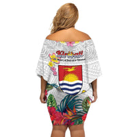 Kiribati Independence Day Off Shoulder Short Dress Frigatebird Mix Tropical Flowers - White Style LT14 - Polynesian Pride