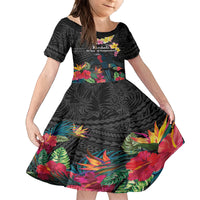 Kiribati Independence Day Family Matching Off Shoulder Maxi Dress and Hawaiian Shirt Frigatebird Mix Tropical Flowers - Black Style LT14 Daughter's Dress Black - Polynesian Pride