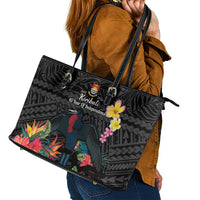 Kiribati Independence Day Leather Tote Bag Frigatebird Mix Tropical Flowers - Black Style LT14 - Polynesian Pride