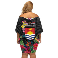 Kiribati Independence Day Off Shoulder Short Dress Frigatebird Mix Tropical Flowers - Black Style LT14 - Polynesian Pride