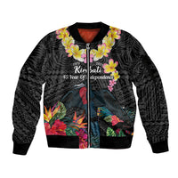 Kiribati Independence Day Sleeve Zip Bomber Jacket Frigatebird Mix Tropical Flowers - Black Style LT14 Unisex Black - Polynesian Pride