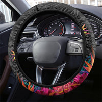 Kiribati Independence Day Steering Wheel Cover Frigatebird Mix Tropical Flowers - Black Style LT14 - Polynesian Pride
