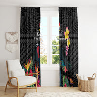 Kiribati Independence Day Window Curtain Frigatebird Mix Tropical Flowers - Black Style LT14 - Polynesian Pride
