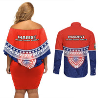 Fiji School Couples Matching Off Shoulder Short Dress and Long Sleeve Button Shirts Marist Brothers Fijian Tapa Pattern LT14 - Polynesian Pride