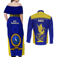 Fiji School Couples Matching Off Shoulder Maxi Dress and Long Sleeve Button Shirts Ratu Kadavulevu Heron With Fijian Tapa LT14 - Polynesian Pride