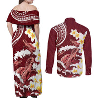Blood Gold Polynesia Couples Matching Off Shoulder Maxi Dress and Long Sleeve Button Shirt Polynesian Frangipani With Sea Turtles