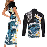 Black Polynesia Couples Matching Short Sleeve Bodycon Dress and Long Sleeve Button Shirt Polynesian Frangipani With Sea Turtles