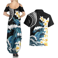 Black Polynesia Couples Matching Summer Maxi Dress and Hawaiian Shirt Polynesian Frangipani With Sea Turtles