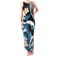 Black Polynesia Family Matching Tank Maxi Dress and Hawaiian Shirt Polynesian Frangipani With Sea Turtles