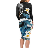 Black Polynesia Long Sleeve Bodycon Dress Polynesian Frangipani With Sea Turtles