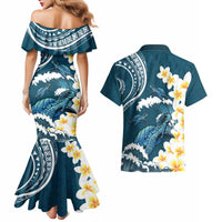Dark Teal Polynesia Couples Matching Mermaid Dress and Hawaiian Shirt Polynesian Frangipani With Sea Turtles