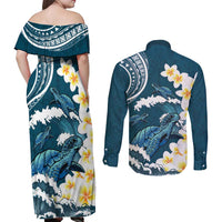 Dark Teal Polynesia Couples Matching Off Shoulder Maxi Dress and Long Sleeve Button Shirt Polynesian Frangipani With Sea Turtles LT14 - Polynesian Pride
