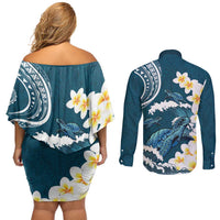 Dark Teal Polynesia Couples Matching Off Shoulder Short Dress and Long Sleeve Button Shirt Polynesian Frangipani With Sea Turtles LT14 - Polynesian Pride