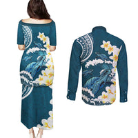 Dark Teal Polynesia Couples Matching Puletasi and Long Sleeve Button Shirt Polynesian Frangipani With Sea Turtles LT14 - Polynesian Pride