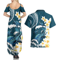 Dark Teal Polynesia Couples Matching Summer Maxi Dress and Hawaiian Shirt Polynesian Frangipani With Sea Turtles LT14 - Polynesian Pride