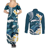 Dark Teal Polynesia Couples Matching Summer Maxi Dress and Long Sleeve Button Shirt Polynesian Frangipani With Sea Turtles LT14 - Polynesian Pride