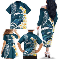 Dark Teal Polynesia Family Matching Off The Shoulder Long Sleeve Dress and Hawaiian Shirt Polynesian Frangipani With Sea Turtles
