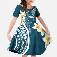 Dark Teal Polynesia Family Matching Puletasi and Hawaiian Shirt Polynesian Frangipani With Sea Turtles LT14 Daughter's Dress Dark Teal - Polynesian Pride