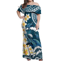 Dark Teal Polynesia Off Shoulder Maxi Dress Polynesian Frangipani With Sea Turtles LT14 Women Dark Teal - Polynesian Pride