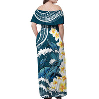 Dark Teal Polynesia Off Shoulder Maxi Dress Polynesian Frangipani With Sea Turtles LT14 - Polynesian Pride