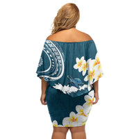 Dark Teal Polynesia Off Shoulder Short Dress Polynesian Frangipani With Sea Turtles LT14 - Polynesian Pride