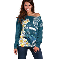 Dark Teal Polynesia Off Shoulder Sweater Polynesian Frangipani With Sea Turtles LT14 Women Dark Teal - Polynesian Pride