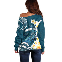 Dark Teal Polynesia Off Shoulder Sweater Polynesian Frangipani With Sea Turtles LT14 - Polynesian Pride