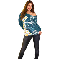 Dark Teal Polynesia Off Shoulder Sweater Polynesian Frangipani With Sea Turtles LT14 - Polynesian Pride