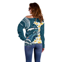 Dark Teal Polynesia Off Shoulder Sweater Polynesian Frangipani With Sea Turtles LT14 - Polynesian Pride