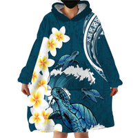 Dark Teal Polynesia Wearable Blanket Hoodie Polynesian Frangipani With Sea Turtles LT14 - Polynesian Pride