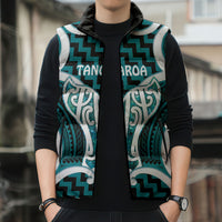 Aotearoa Atua Tangaroa Personalised Sleeveless Puffer Jacket God Of The Sea Maori Whale Tail Cyan