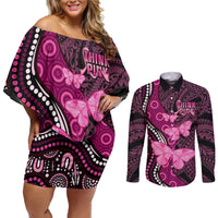 Think Pink Breast Cancer Awareness Couples Matching Off Shoulder Short Dress and Long Sleeve Button Shirt Butterfly Aboriginal Mix Polynesian Pattern LT14 Pink - Polynesian Pride
