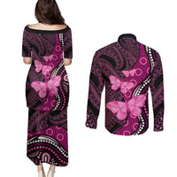 Think Pink Breast Cancer Awareness Couples Matching Puletasi and Long Sleeve Button Shirt Butterfly Aboriginal Mix Polynesian Pattern LT14 - Polynesian Pride