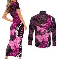 Think Pink Breast Cancer Awareness Couples Matching Short Sleeve Bodycon Dress and Long Sleeve Button Shirt Butterfly Aboriginal Mix Polynesian Pattern LT14 - Polynesian Pride
