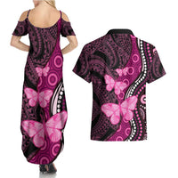 Think Pink Breast Cancer Awareness Couples Matching Summer Maxi Dress and Hawaiian Shirt Butterfly Aboriginal Mix Polynesian Pattern LT14 - Polynesian Pride