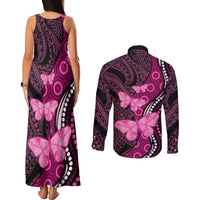 Think Pink Breast Cancer Awareness Couples Matching Tank Maxi Dress and Long Sleeve Button Shirt Butterfly Aboriginal Mix Polynesian Pattern LT14 - Polynesian Pride